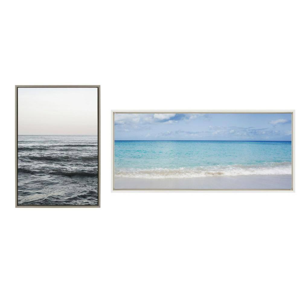 Wide Ocean Beach Landscape White Framed Canvas Art, 18x40