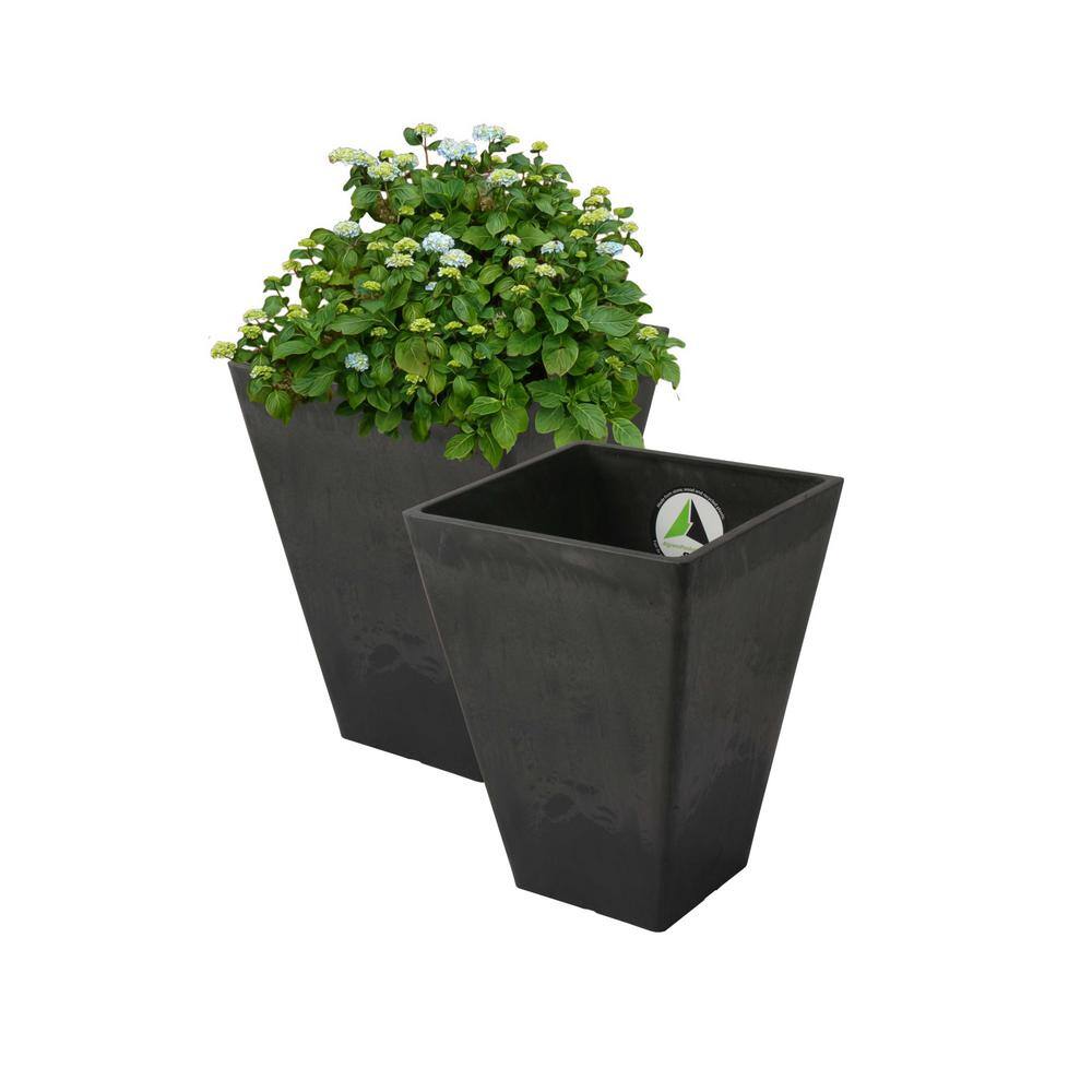 Valencia Black Composite Resin Square Planters with Watering Trays, 13-Inch, Set of 2