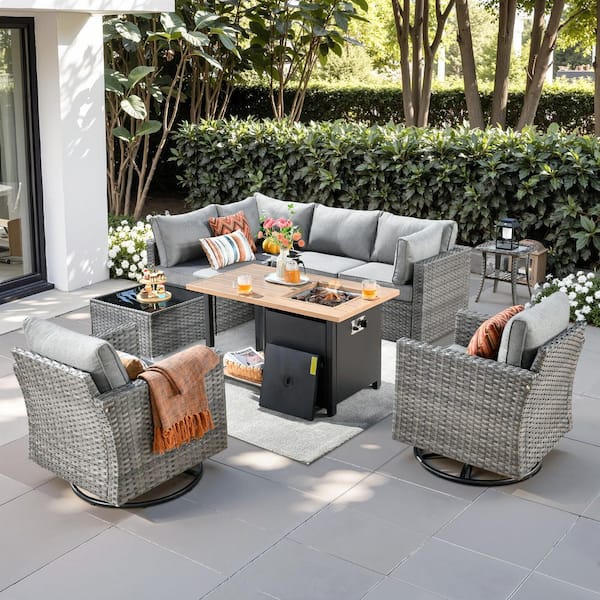 Toject Sanibel Gray 9-Piece Wicker Outdoor Patio Conversation Sofa Sectional Set with a Storage Fire Pit and Dark Gray Cushions