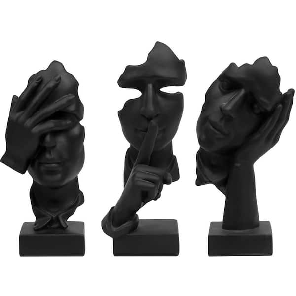 Afoxsos Black 7.8 in. x 4.1 in. Statue Resin Abstract No Hear No See No Speak Modern Home for Home Office Bookshelf 3-Pcs