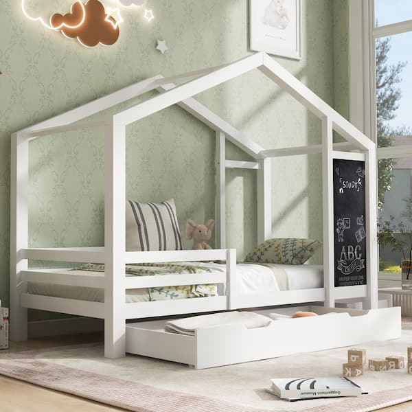 Harper & Bright Designs White Wood Frame Twin Size House Platform Bed with Blackboard, 2-Drawer, 2 Assembly Options