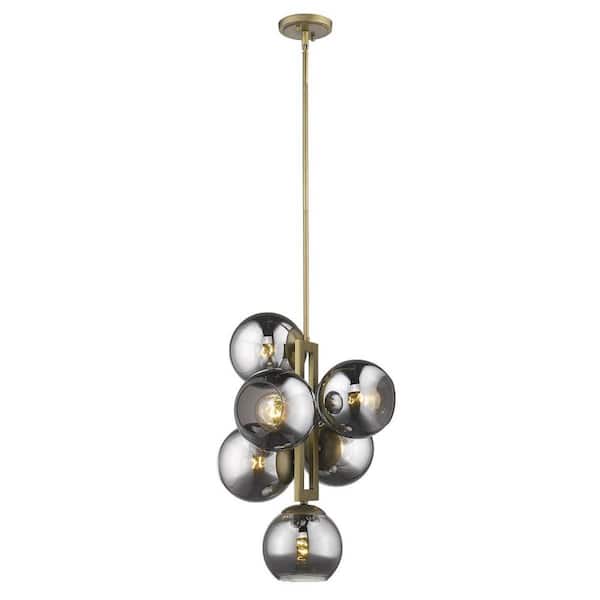100-Watt 6-Light Brass Pendant Light with Crystal, No Bulbs Included
