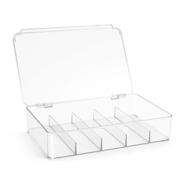 Stackable Organizer and Storage Container with Hinged Lid and Sections, Clear 10.5 in. x 2.3 in. Plastic Desk Organizer