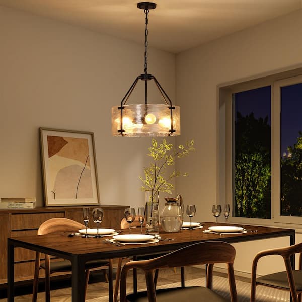 4-Light Farmhouse Black Indoor Crystal Chandelier,Modern Hanging Pendant Drum Chandelier for Kitchen Island, Dining Room