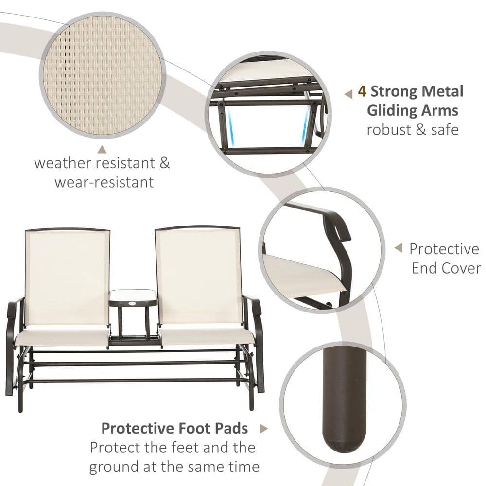 Beige Steel Frame 2-Person Outdoor Glider Bench with Center Table