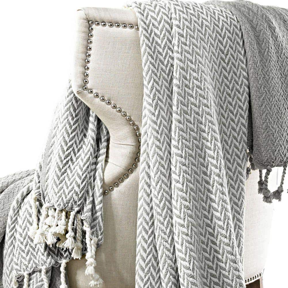Gray and White Herringbone Cotton Throw Blanket Set