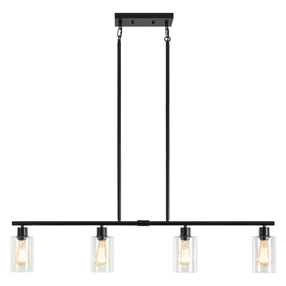 4-Light Black Rustic Linear Pendant Light for Kitchen Island with Clear Gla