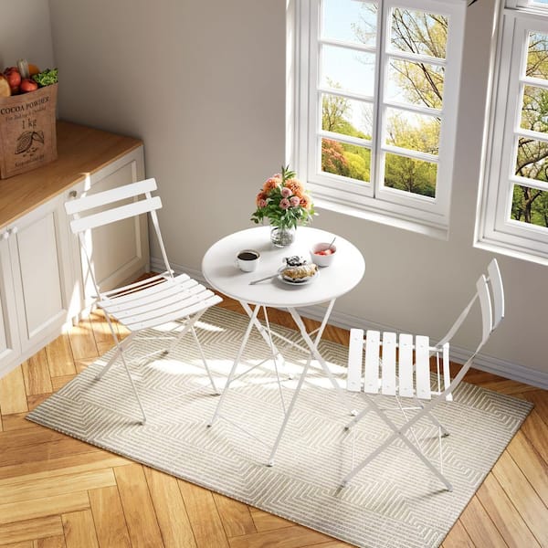 OUTGOODS 3 Piece White Metal Patio Bistro Set with Folding Table
