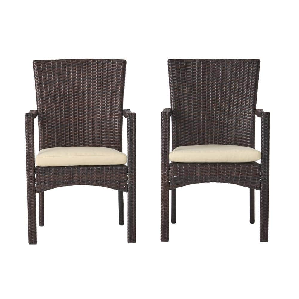 Corsica Brown Iron Wicker Dining Arm Chair with Cream Cushions
