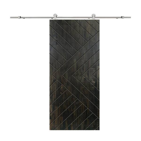 CALHOME Chevron Arrow 36 in. x 84 in. Fully Assembled Charcoal Black Stained Wood Modern Sliding Barn Door with Hardware Kit