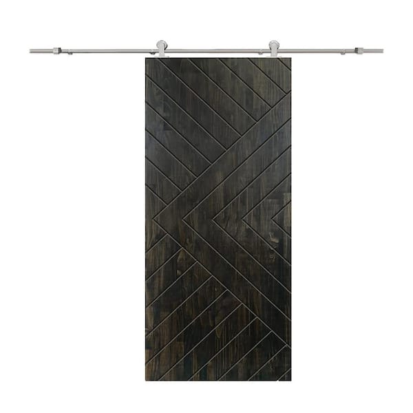 CALHOME Chevron Arrow 32 in. x 96 in. Fully Assembled Charcoal Black Stained Wood Modern Sliding Barn Door with Hardware Kit