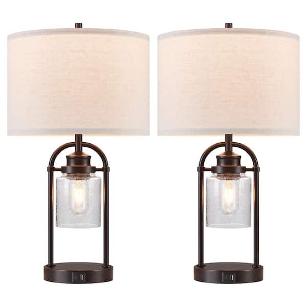 KAWOTI 22 in. Industrial Bronze Lamp Set with Night Lights and Glass Shade and USB Ports