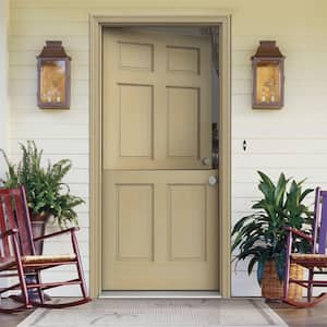 Dutch Hemlock 6-Panel Unfinished Wood Prehung Front Door with Unfinished AuraLast Jamb and Brickmold
