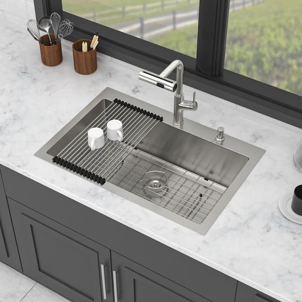 33 in. Drop-In Single Bowl 16-Gauge Brushed Nickel Stainless Steel Kitchen Sink with Faucet and Bottom Grids