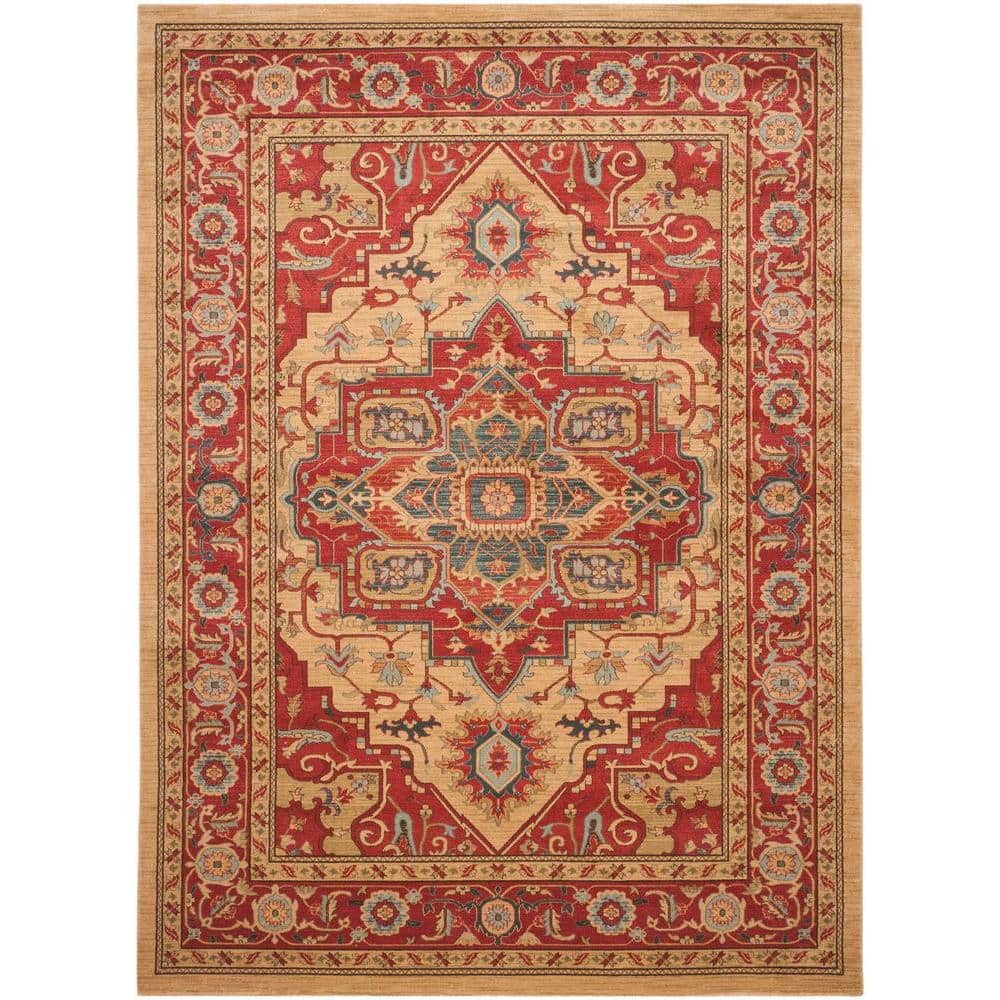 Elegant Red and Natural 10' x 14' Synthetic Rectangular Rug
