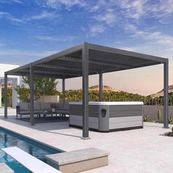 11.7 ft. x 24.1 ft. Gray Aluminum Outdoor Louvered Pergola with 4 Individual Adjustable Roofs and In-Built Gutter System