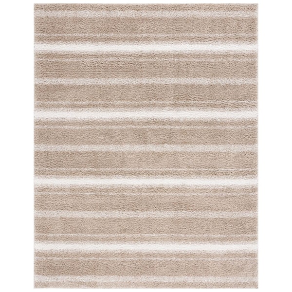 SAFAVIEH Border and Stripe Shag 9 ft. x 12 ft. Beige/Ivory Faded Striped Area Rug