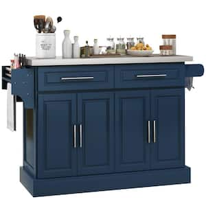 Dark Blue Metal Top 57 in. Kitchen Island with Drawers, Shelves, Towel Rack and Wheels