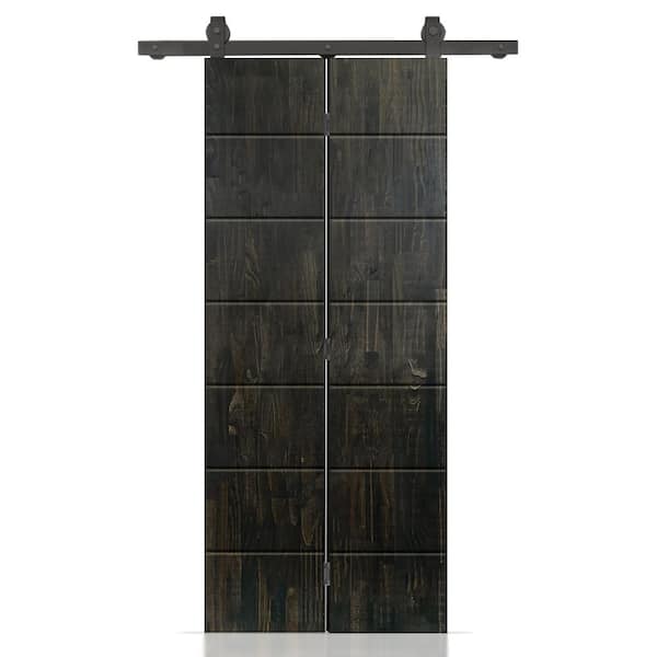 CALHOME 38 in. x 80 in. Charcoal Black Stained Hollow Core Pine Wood Bi-Fold Door with Sliding Hardware Kit