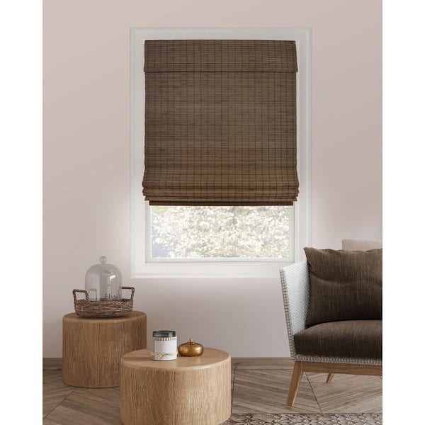 Chicology Premium True-to-Size Brown Moose Cordless Blackout Natural Woven Bamboo Roman Shade 32 in. W x 64 in. L