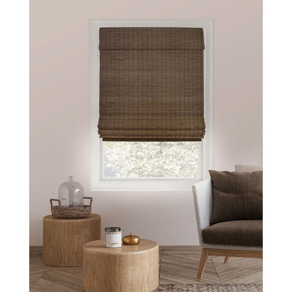 Chicology Premium True-to-Size Brown Moose Cordless Blackout Natural Woven Bamboo Roman Shade 36 in. W x 64 in. L