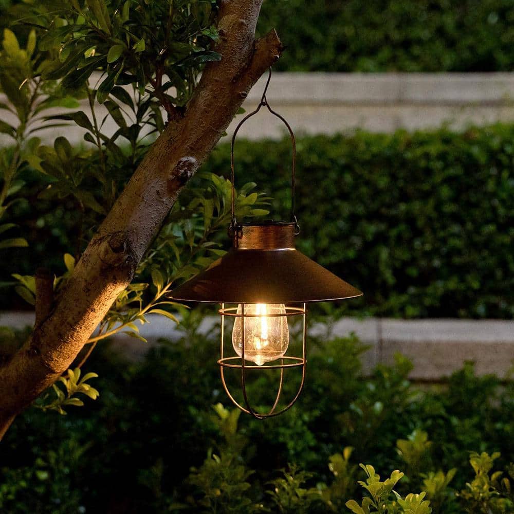 Brushed Copper Solar LED Hanging Lantern with Shepherd Hook, 2-Pack