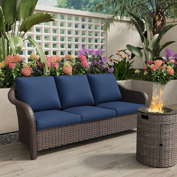 3-Seat Wicker Outdoor Patio Couch Sofas with Soft Dark Blue Cushions