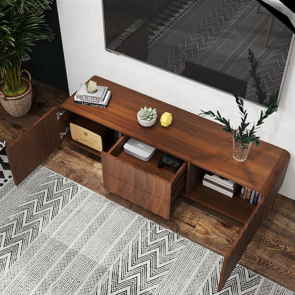 Jeevan Brown Wood TV Console Fits TVs Up to 59 in. with Modern Unique Spiral Wave Design, 2-Drawers and 2-Doors