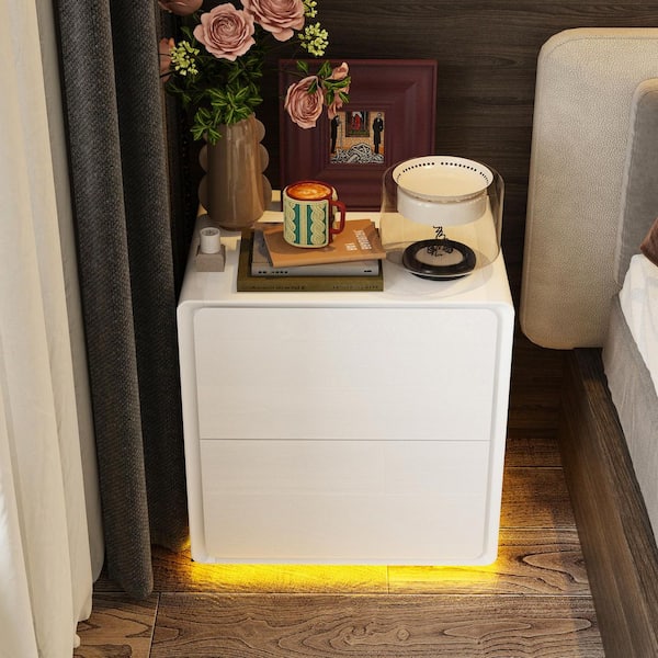 FUFU&GAGA Full White Glossy Finished 2-Drawers 19.6 in. W, Exquisite Nightstand, End Table with Smooth Lines and Surface Design