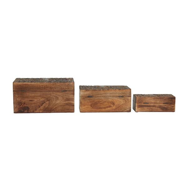 Rectangle Mango Wood Handmade Floral Box with Hinged Lid (Set of 3)