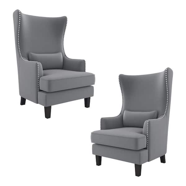 EVERGLADE HOME Narcine Gray Velvet Wingback Chair with Lumbar Pillow (Set of 2)