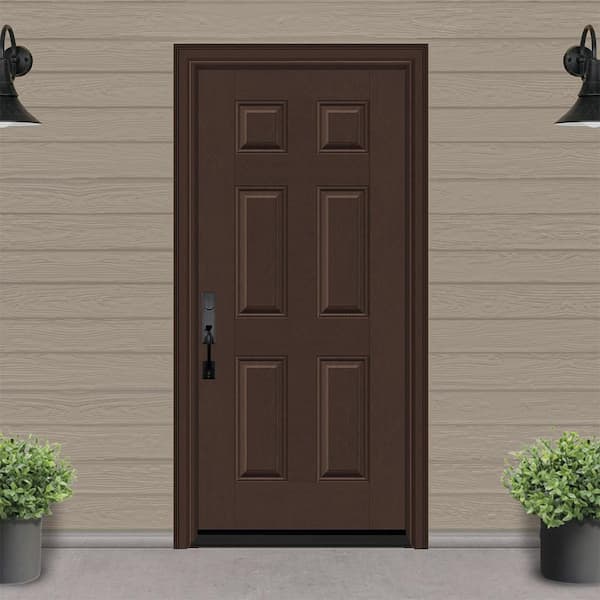 Regency 36 in. x 80 in. 6 Panel RHIS Chestnut Stain Mahogany Fiberglass Prehung Front Door with 6-9/16 Jamb