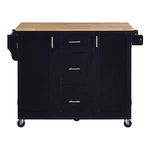 Oasis Black Wood 50 in. Kitchen Island with Storage, Kitchen Cart with Rubber Wood Top, 3-Drawer, 2 Slide-Out Shelf