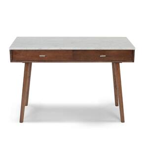 Viola 44 in. Rectangular Carrara White Wood 2-Drawer Writing Desk with Walnut Legs and Marble Top