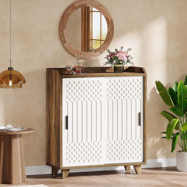 BYBLIGHT Ahlivia Brown and White Wood 35.43 in. Kitchen Storage Cabinet Sideboard Buffet with Sliding Doors, Adjustable Shelves