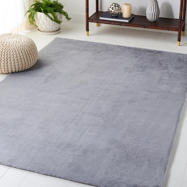 Faux Rabbit Fur Light Grey/Blue 5 ft. x 7 ft. Machine Washable High Low Solid Color Area Rug