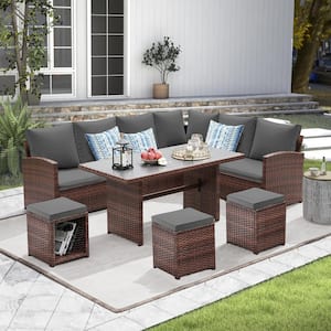 7-Piece Wicker Patio Conversation Sectional Seating Set with Gray Cushions, Ottomans and Dining Table