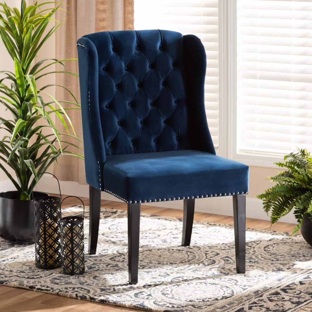 Lamont Navy Blue Velvet and Dark Brown Wood Wingback Dining Chair