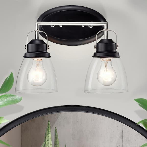 Edvivi 13.5 in. 2-Light Black and Brushed Nickel Vanity Light with Clear Glass Shades