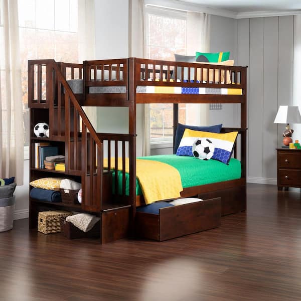 AFI Woodland Walnut Twin Over Twin Staircase Bunk Bed with 2-Urban Bed Drawers