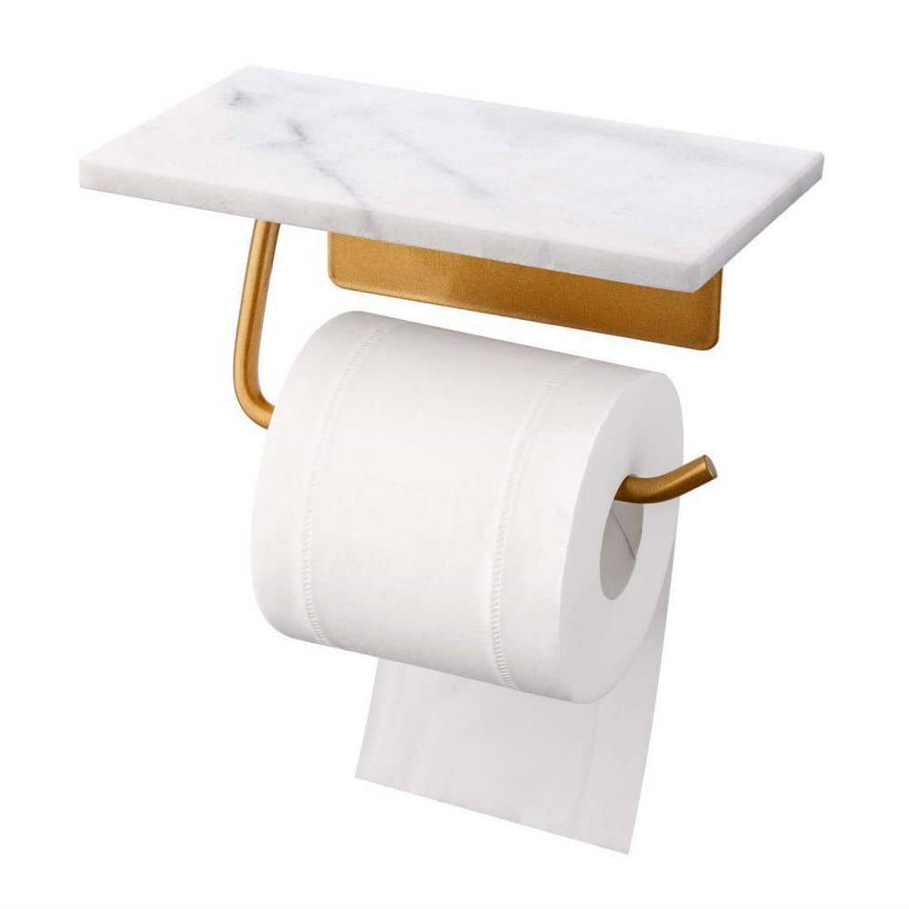 Luxury Double Marble Brushed Brass Toilet Paper Holder With Shelf Hotel Bathroom  Wall Mounted Paper Towel