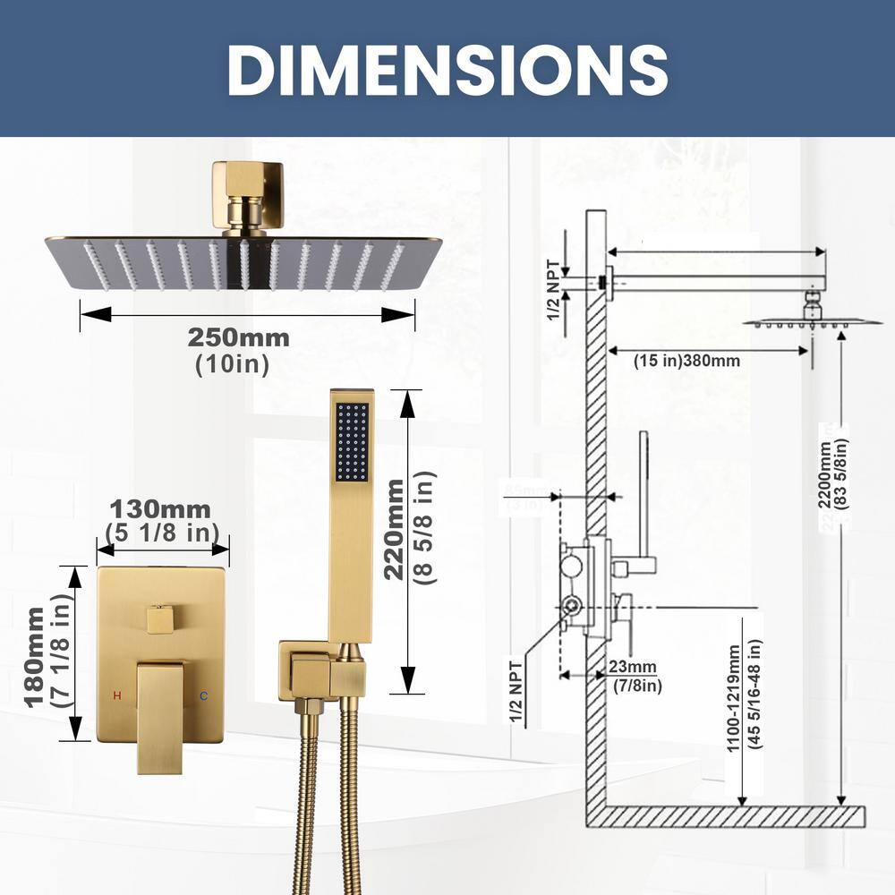 Gold 10-Inch Square Rain Shower Head with Handheld
