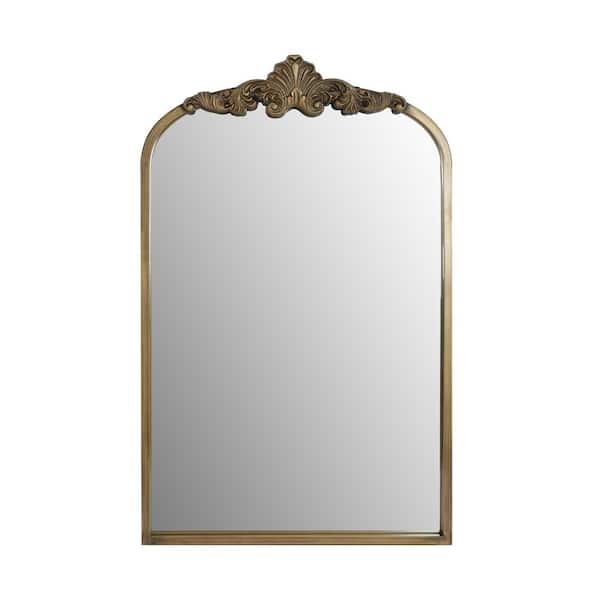 Brushed Brass 24 in. W x 36 in. H Baroque Style Arch Metal Frame Wall Decor Mirror