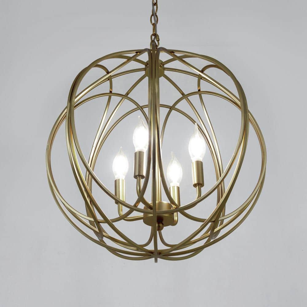 Satin Brass 4-Light Globe Chandelier with Candle Bulbs