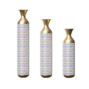 White Metal Decorative Vase with Gold Accents (Set of 3)-24,28.7,33.5 in. H