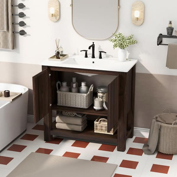 36 in. Single Sink Freestanding Dark Brown Bath Vanity with White Ceramic Top Open Shelf and Storage Cabinet Unassembled