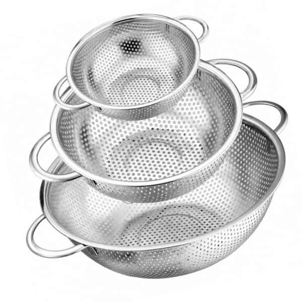 Food Grade Stainless Steel Perforated Colander Set with Welded D-Handles, Set of 3 (1-3-5 Quart) for Kitchen, Heavy Duty