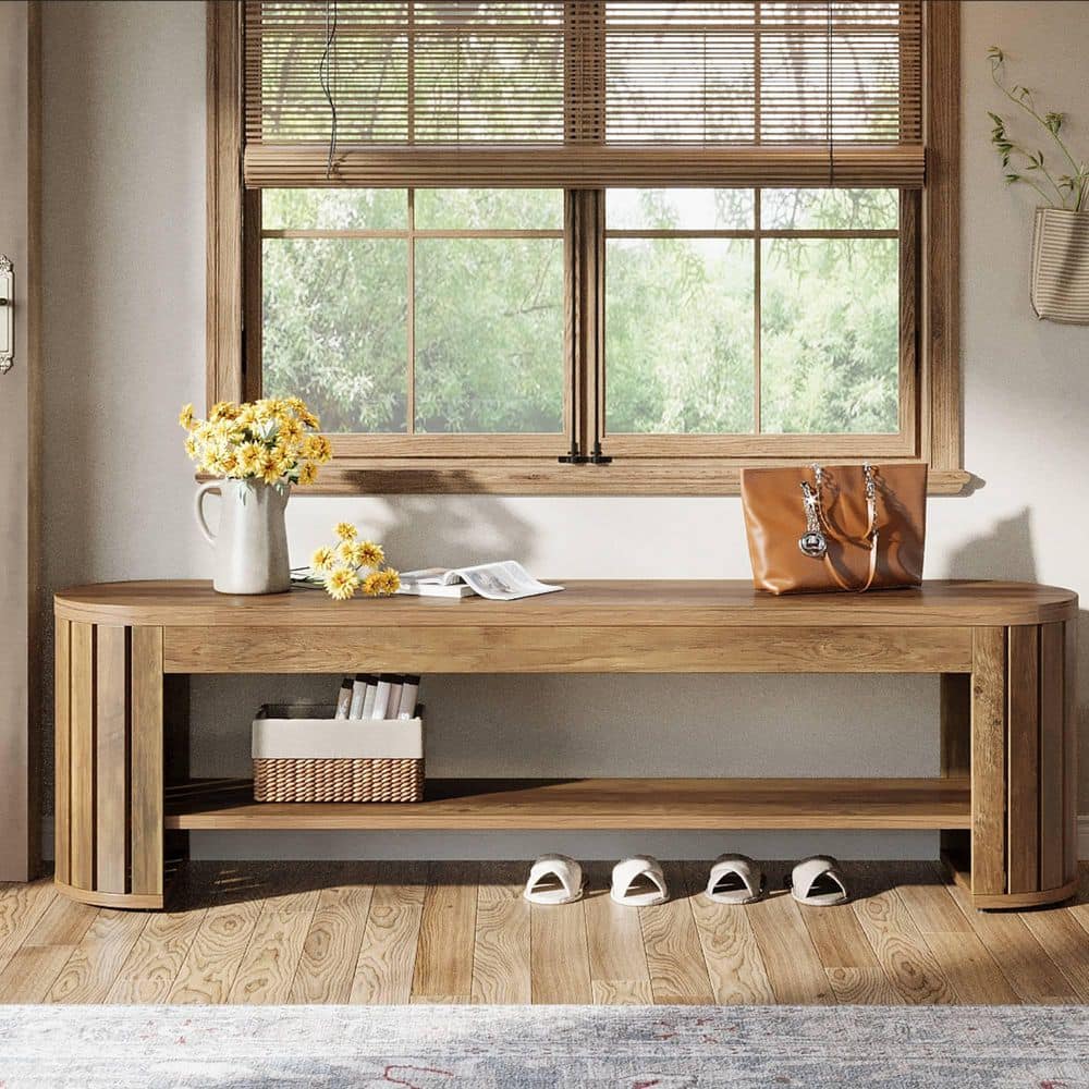 63in. Brown Entryway Dining Bench with Shelf, Round Edges & Fluted Design, Backless Shoe Bench for Bedroom, Dining Room