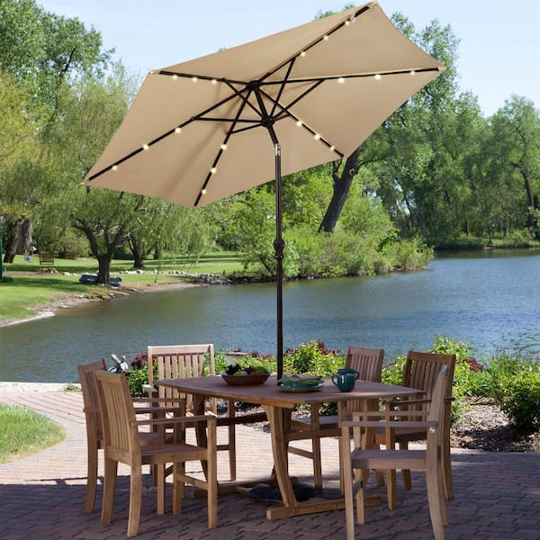 9 ft. Steel Market Solar Tilt Patio Umbrella with Crank and LED Lights in Beige