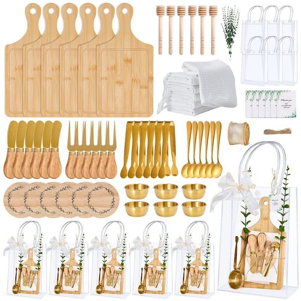 80-Piece Charcuterie Gift Set, 6 Bamboo Boards, Honey Dippers, Stainless Steel Tools and Gift Bags 80Pcs